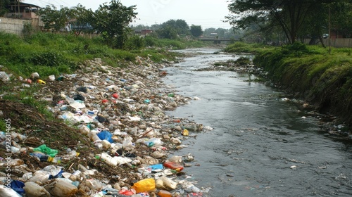 Wallpaper Mural A river with trash and garbage in it next to a road, AI Torontodigital.ca