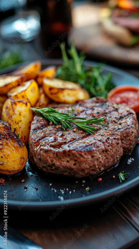 A plate of steak and potatoes with a small amount of sauce. The steak is cooked medium rare and the potatoes are seasoned with salt and pepper A plate of steak and potatoes with a small amount of sauce. The steak is cooked medium rare and the potatoes are seasoned with salt and pepper
