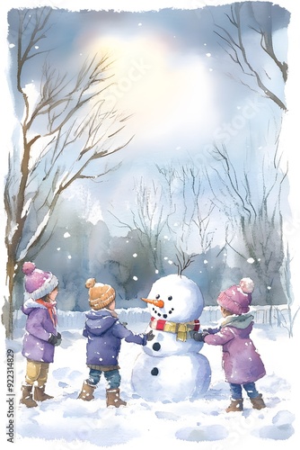 Watercolor Christmas illustration with kids making a snowman. Merry Christmas and happy new year