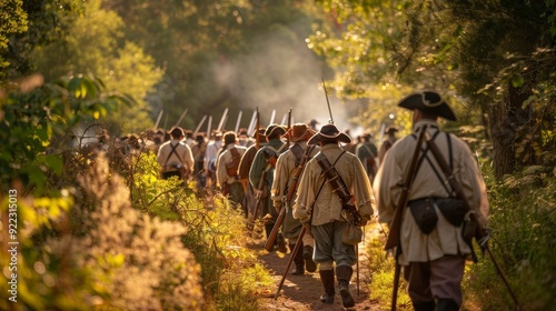 Revolutionary War Reenactment with Soldiers in Authentic Uniforms and Muskets photo