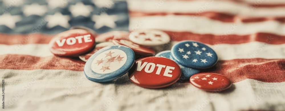 American Election. Voting buttons on the background of the American flag. Selective focus. American Election. Voting buttons on the background of the American flag. Selective focus.