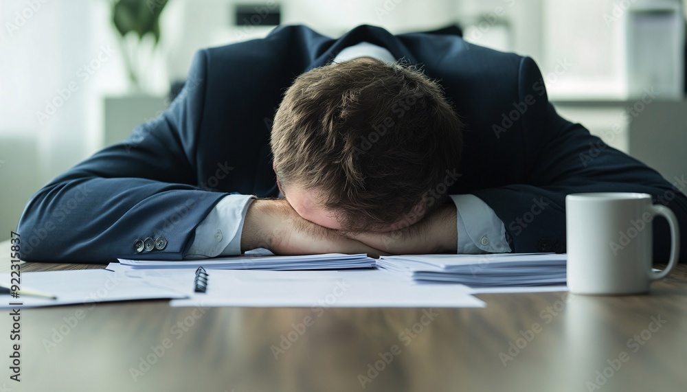 Exhausted Businessman Finding Solace at Desk Overworked Exhausted Businessman Finding Solace at Desk Overworked