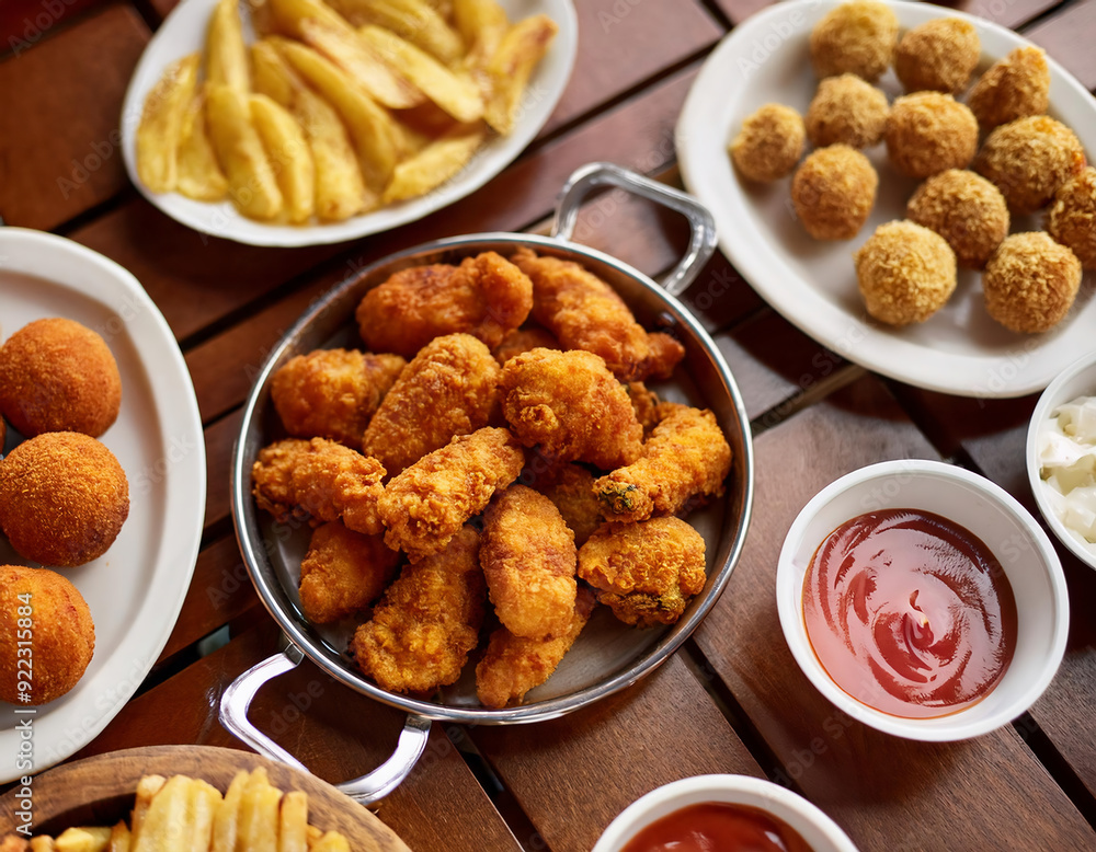variety of fried chicken nuggets, chicken balls, potatoes on white plates served with mayonnaise and ketchup variety of fried chicken nuggets, chicken balls, potatoes on white plates served with mayonnaise and ketchup