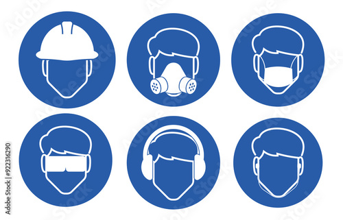 Bundle isolated blue circle head protection sign, helmet, google, ears cup, mask, respirator mandatory