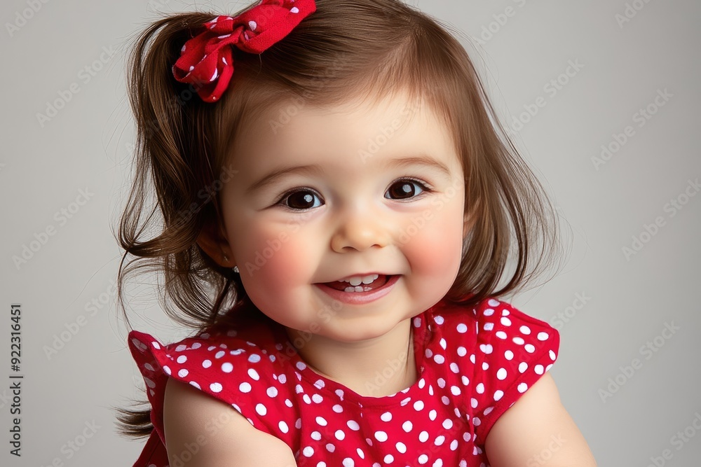 Smiling toddler with brown hair in a polka dot dress against a neutral background Smiling toddler with brown hair in a polka dot dress against a neutral background