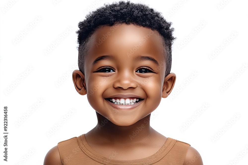 Young child with a bright smile poses against a plain background Young child with a bright smile poses against a plain background