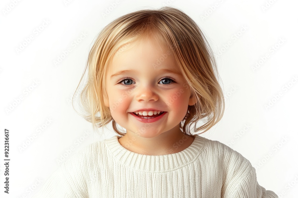 Young child with blonde hair smiling brightly in a cozy white sweater against a plain background Young child with blonde hair smiling brightly in a cozy white sweater against a plain background