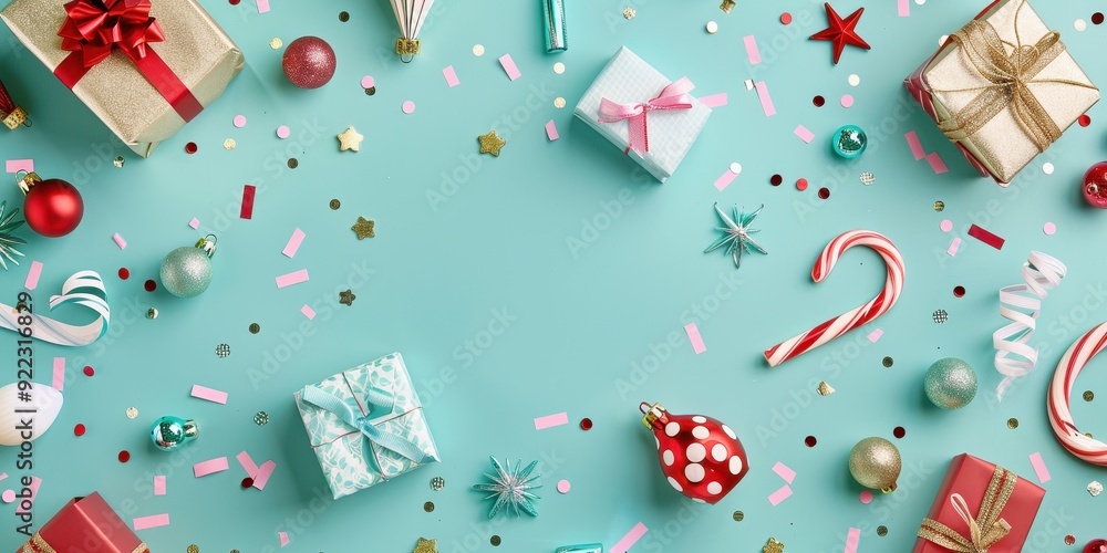 A blue background with a bunch of Christmas decorations including a red A blue background with a bunch of Christmas decorations including a red