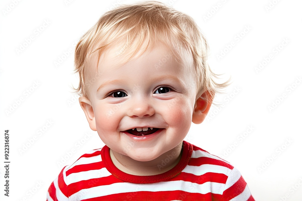 Happy toddler in red and white striped shirt smiling against a plain background Happy toddler in red and white striped shirt smiling against a plain background