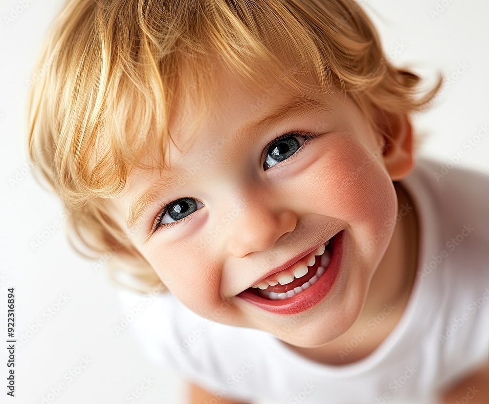 Happy child smiling brightly with curly hair against a light background Happy child smiling brightly with curly hair against a light background