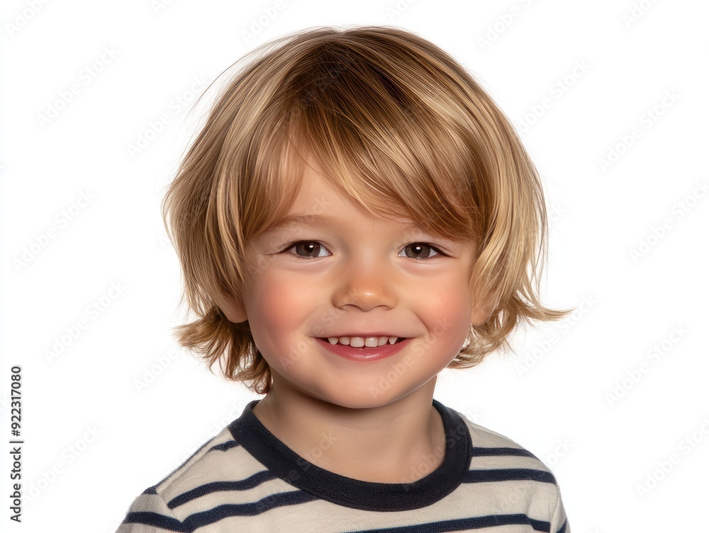 Smiling young boy with tousled blonde hair in a striped shirt against a white background Smiling young boy with tousled blonde hair in a striped shirt against a white background