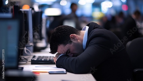 Fatigued businessman feeling overwhelmed at his desk Overworked