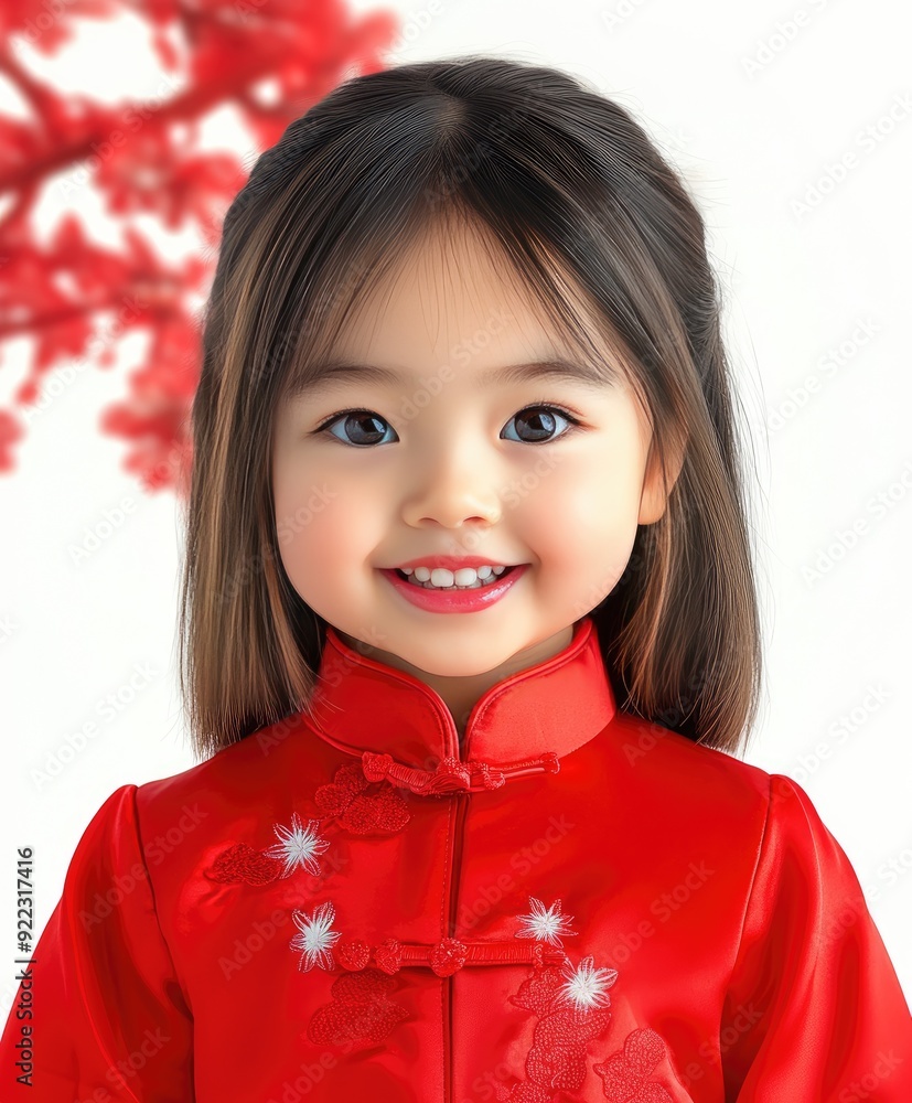 Young girl smiling in a traditional red dress against a floral backdrop during a festive celebration Young girl smiling in a traditional red dress against a floral backdrop during a festive celebration