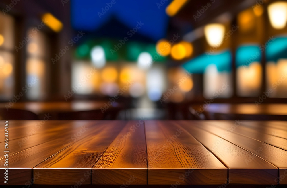 Empty wooden tabletop on blurred background of evening city street Empty wooden tabletop on blurred background of evening city street