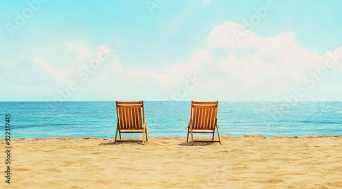 Two beautiful wooden lounge chairs sit on a sandy beach by the serene ocean, perfect for relaxation