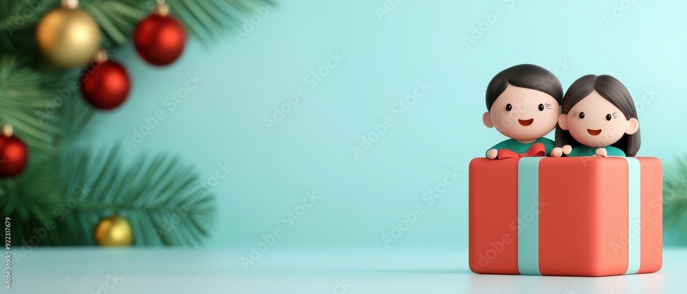 Fototapeta premium Festive Cartoon Family Celebrating Colorful Holiday in Vibrant Home with Copy Space for Text