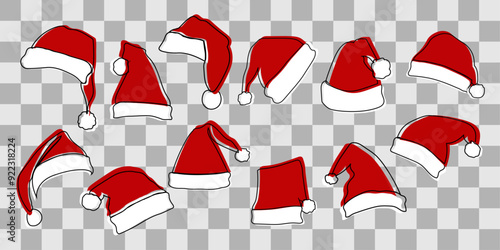 Set of New Year's hats for Santa Claus. Vector illustration on transparent background