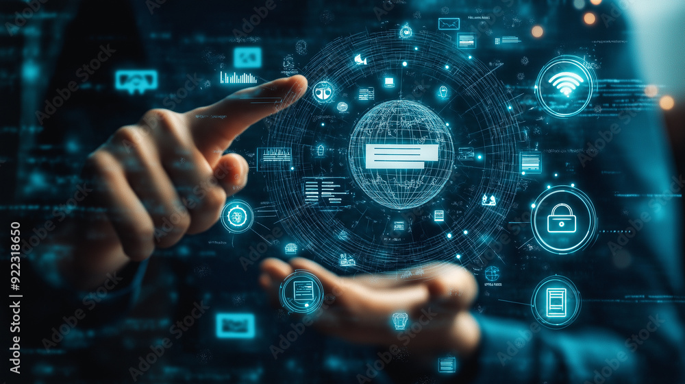Technological interaction, depicting a person interacting with a digital interface filled with connected icons and symbols. The main focus is the world surrounded by technology icons. Technological interaction, depicting a person interacting with a digital interface filled with connected icons and symbols. The main focus is the world surrounded by technology icons.