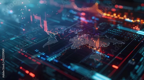 A digital representation of a world map with data visualization elements, showcasing trends in technology and finance.