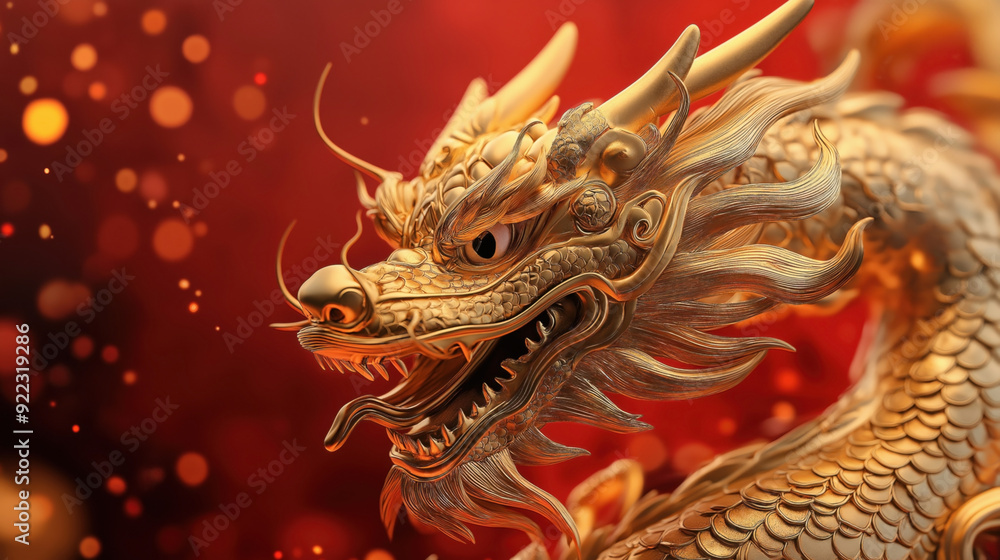 Close-up of a detailed golden Chinese dragon on a red bokeh background with intricate scales and fierce expression. Close-up of a detailed golden Chinese dragon on a red bokeh background with intricate scales and fierce expression.