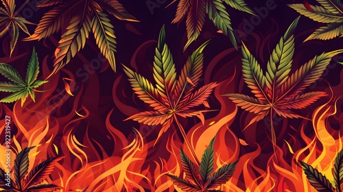 Marijuana leaves on a fire background, close up top view on cannabis leaves and branches on fire background for alternative medical and marketing design concept