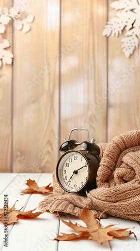 Autumn whispers with an alarm clock, cozy blanket, and leaves captured in the tranquil essence of changing seasons