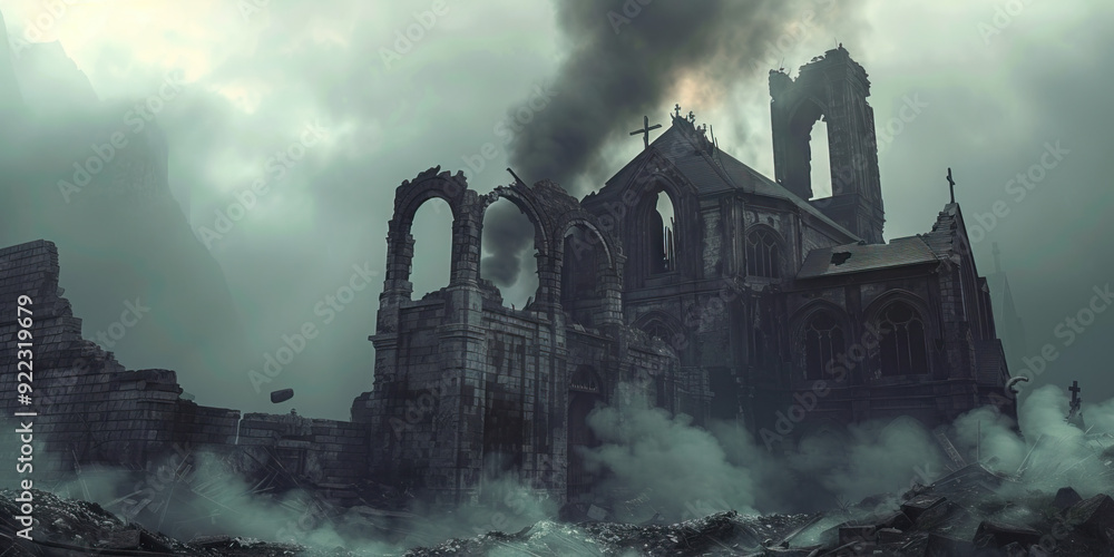 Fototapeta premium Blackened Souls: Smoke billows from a ruined church, its charred remains still steeped in prayer.