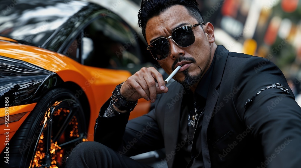 Confident Man in Black Suit Posing with Luxury Sports Car in Urban Setting Confident Man in Black Suit Posing with Luxury Sports Car in Urban Setting