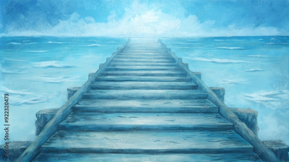 The wooden pier leads into the peaceful turquoise ocean. The wooden pier leads into the peaceful turquoise ocean.