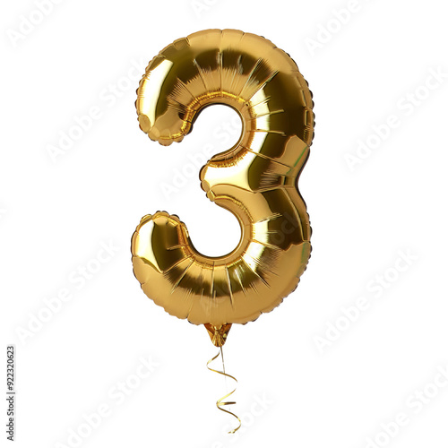 Isolated Gold Number 3 Balloon with Curling Ribbon Without Background