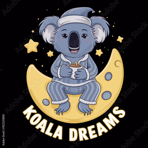 Adorable Koala in Pajamas Sitting on a Moon with Stars - Cute Design for T-Shirt