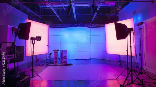 A modern studio setup with colorful lighting for photography or video production.