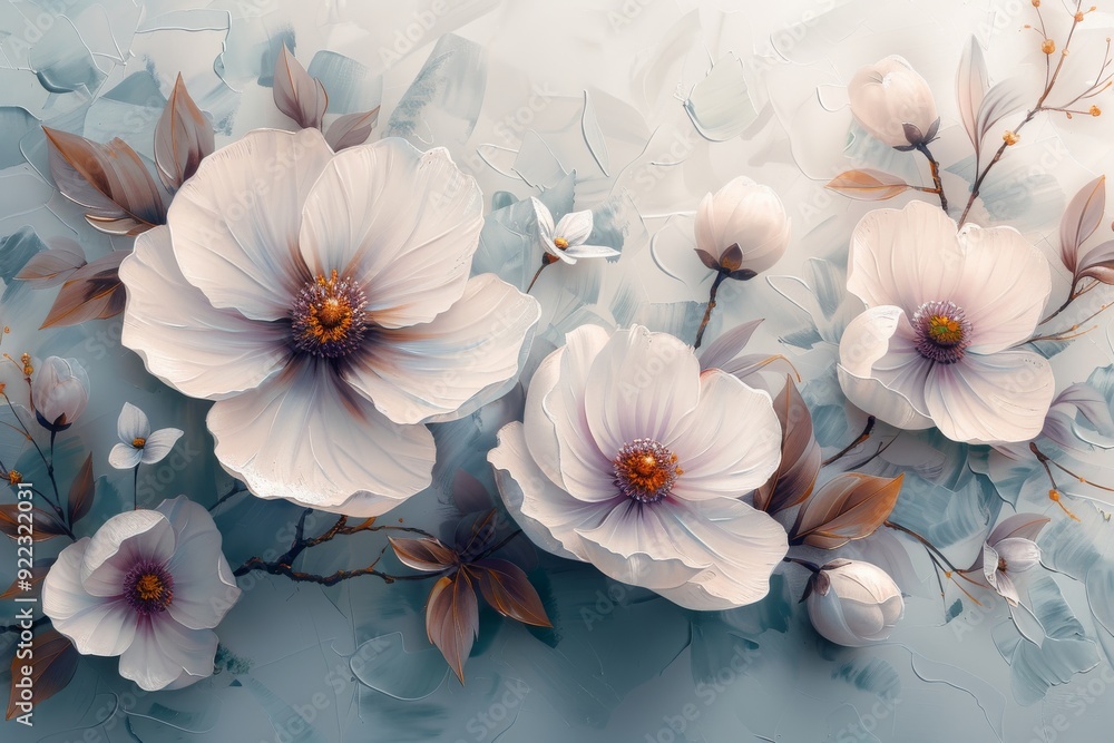 custom made wallpaper toronto digitalThe floral wallpaper pattern features white petals with light green and purple details on a detailed background. Generative AI