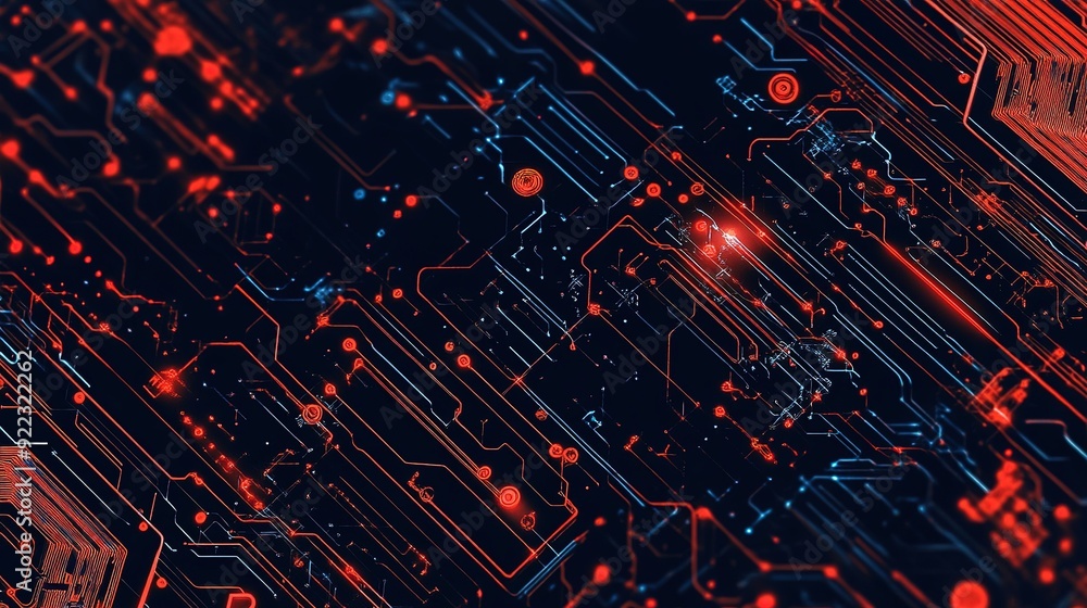 Abstract digital circuitry pattern with red and blue lights illuminated against a dark background Abstract digital circuitry pattern with red and blue lights illuminated against a dark background