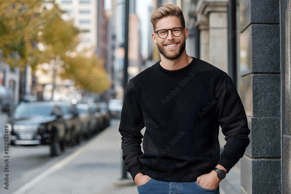 Fototapeta premium Young man wearing black adult crewneck sweatshirt mockup with copy space. Print presentation blank.