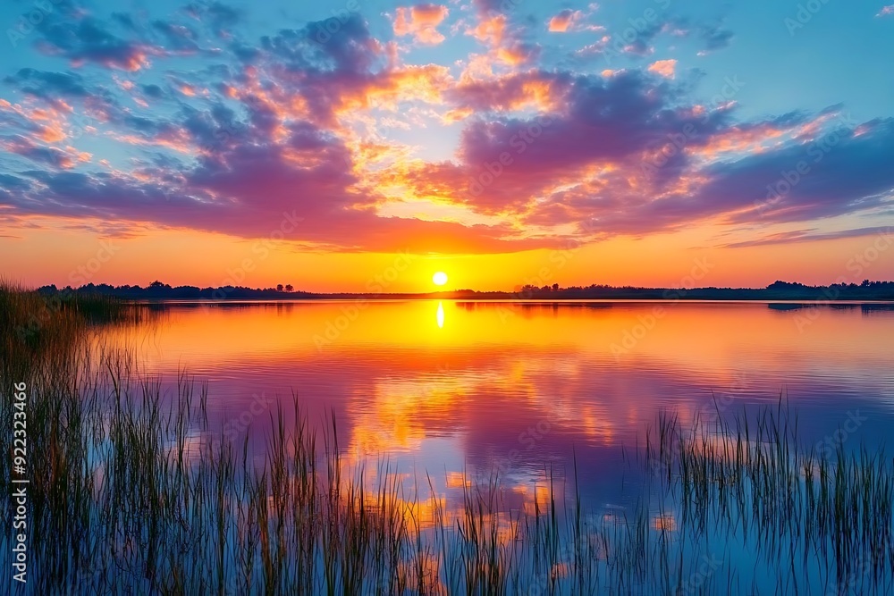 Stunning Sunset Over Lake with Grassy Shore - Photo Stunning Sunset Over Lake with Grassy Shore - Photo