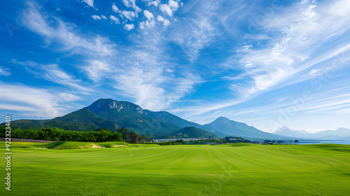 Golf course with mountain and blue sky background. 