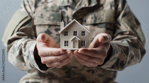 Caucasian man's hands holding small model home, veteran's buying home concept, copy space