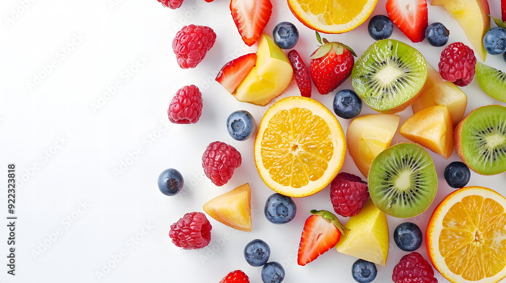 Healthy fresh fruit salad on white background. Top view Healthy fresh fruit salad on white background. Top view