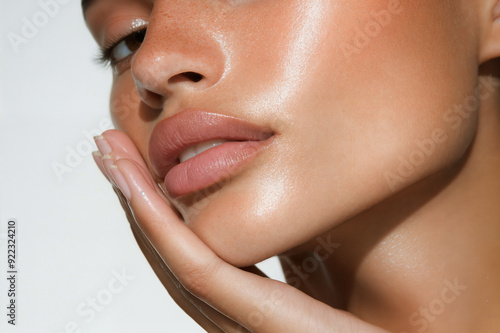 Close-Up of a Woman's Face with Smooth, Glowing Skin and Soft Lips