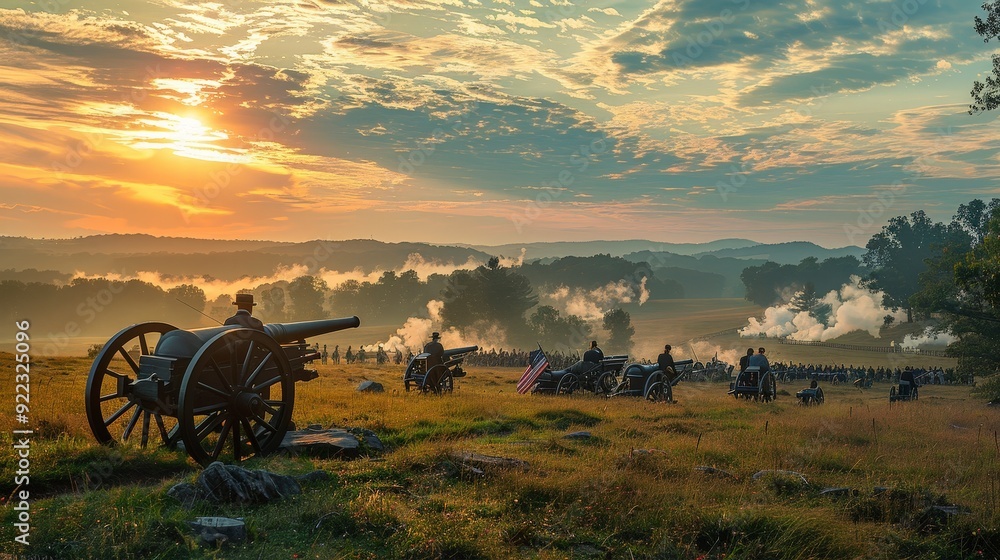 Fototapeta premium Battle of the American Civil War: Soldiers, Cannons, and Rolling Hills