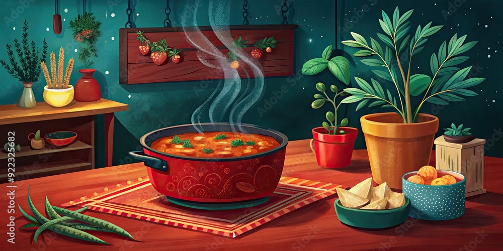 Cozy kitchen with a steaming pot and an array of spices. Cozy kitchen with a steaming pot and an array of spices.