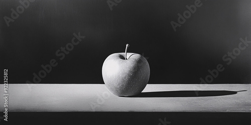 A black and white photo of a single apple on a flat surface, suitable for food photography or healthy lifestyle content. photo