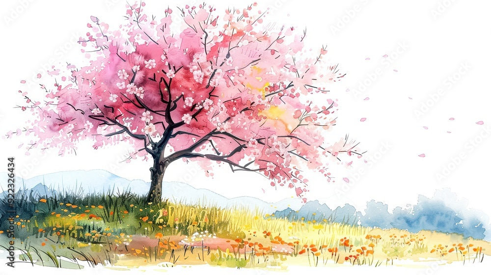Beautiful watercolor illustration of a blooming cherry blossom tree in a serene landscape with mountains in the background.