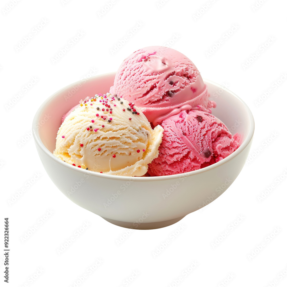 Three Colorful Ice Cream Scoops in a White Bowl Isolated Without Background. Three Colorful Ice Cream Scoops in a White Bowl Isolated Without Background.