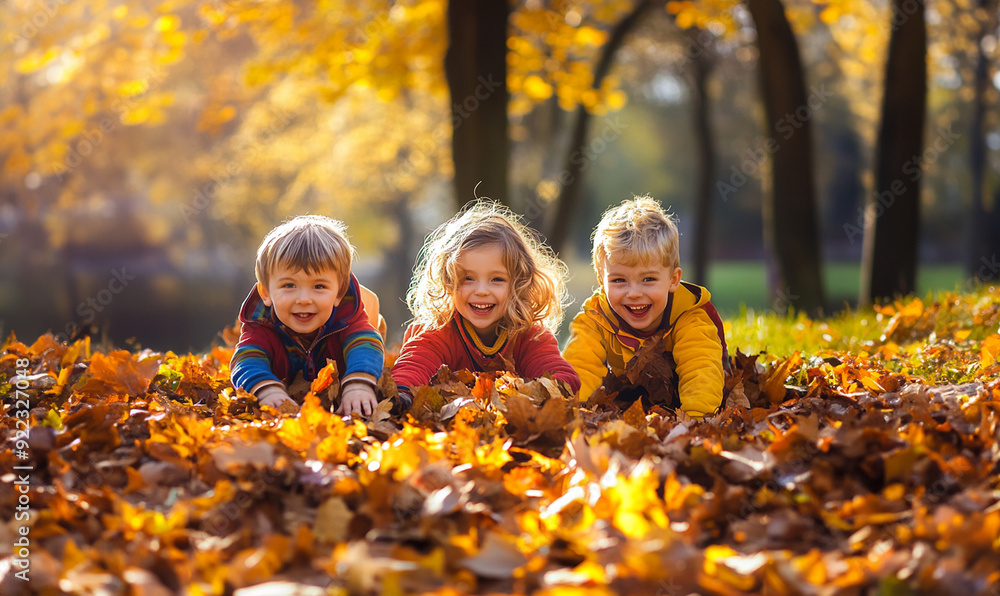 Children playing in a pile of autumn leaves Children playing in a pile of autumn leaves