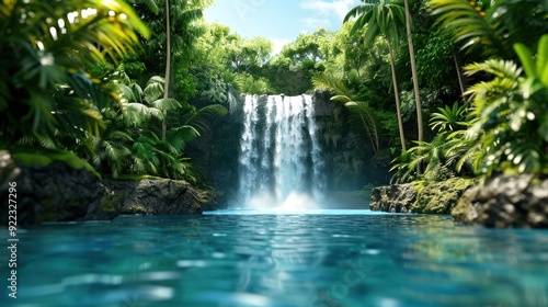 Tranquil waterfall in lush tropical rainforest with clear blue pool, surrounded by vibrant greenery, creating a serene and peaceful atmosphere.