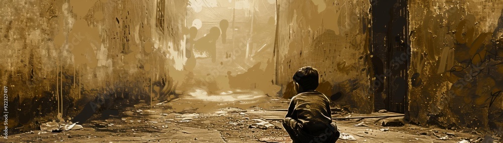 Obraz premium A child in wornout clothes, playing in a dirty alley, sepia tone, nostalgic, detailed illustration