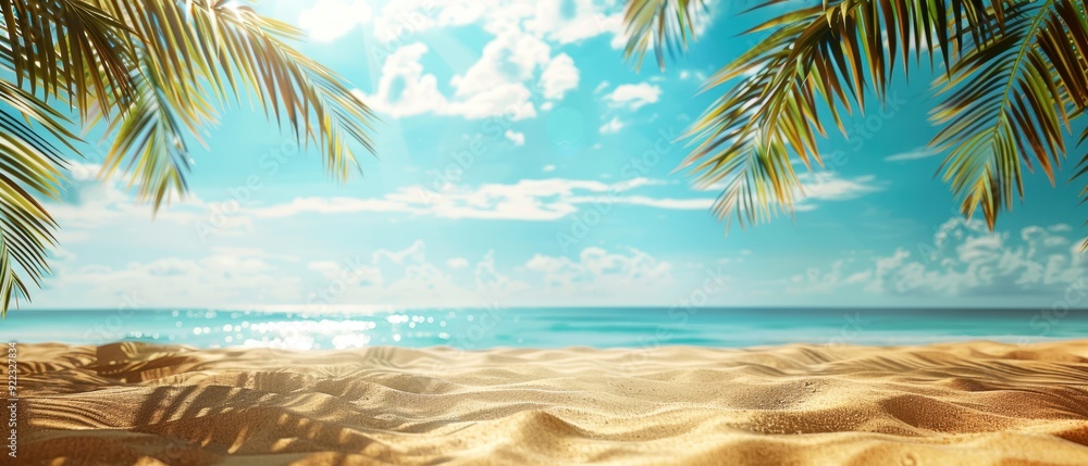 Scenic tropical beach with golden sand, framed by palm leaves, and tranquil ocean waves under a bright blue sky with white clouds. Scenic tropical beach with golden sand, framed by palm leaves, and tranquil ocean waves under a bright blue sky with white clouds.