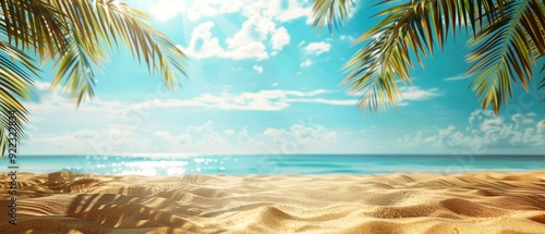 Scenic tropical beach with golden sand, framed by palm leaves, and tranquil ocean waves under a bright blue sky with white clouds.